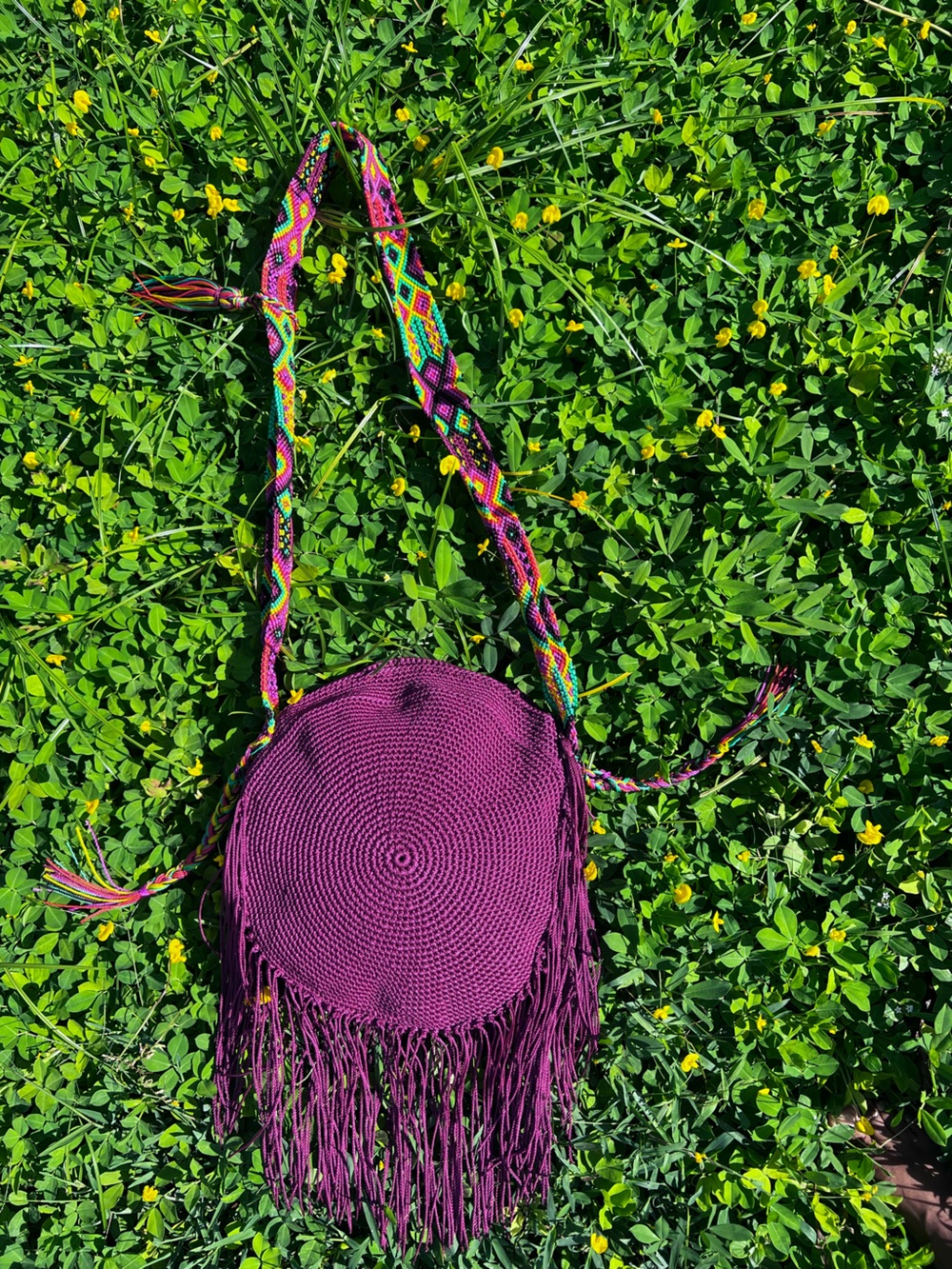 Handwoven Macrame Round Fringe Crossbody Bag - Wine Grape Zipper Closure